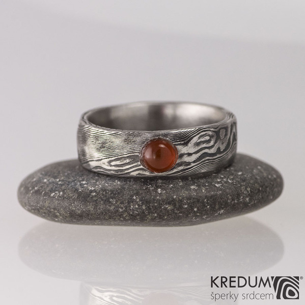 Snubní prsten nerezová ocel damasteel - Natura a kámen kabošon - karneol