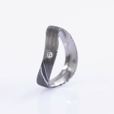 FOREVER and clear diamond, size 51 - forged stainless steel damasteel wedding ring, wood, CR6467