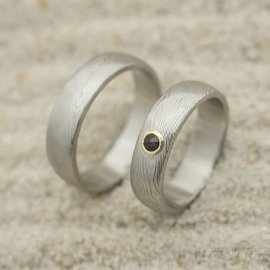 Snubn prsteny damasteel - Prima a brouen grant 3 mm vsazen do zlata, vel. 61, ka 6 mm, tlouka 2 mm, struktura devo, lept svtl stedn, profil B - k 3489