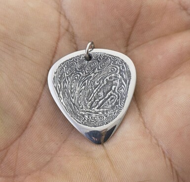 HITMAKER with eyelet, water dark texture - metal pick, hammered damascus steel pendant