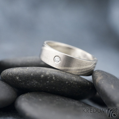 Mokume Gane - stříbro a palladium + diamant 2 mm - Zásnubní prsten, SK1789