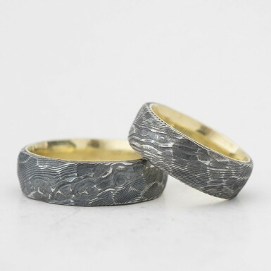 Orion yellow Natura - wedding ring gold and damasteel, wood pattern 