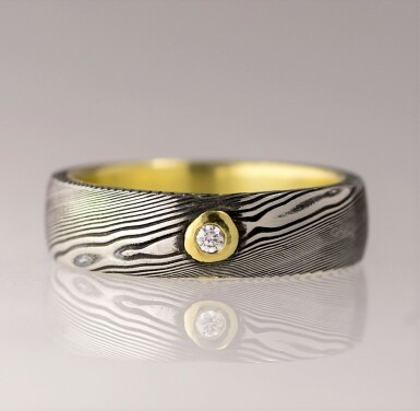 Orion yellow and diamond 1.7 mm set into gold - wedding ring gold and damasteel, wood pattern