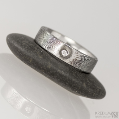 Prima a čirý diamant 2 mm, dřevo - Snubní prsten nerezová ocel damasteel, S1556
