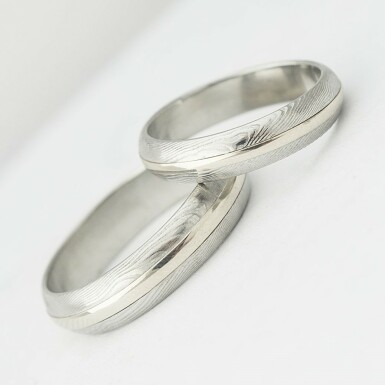 Duori white - wood pattern - wedding ring damascus steel and white gold