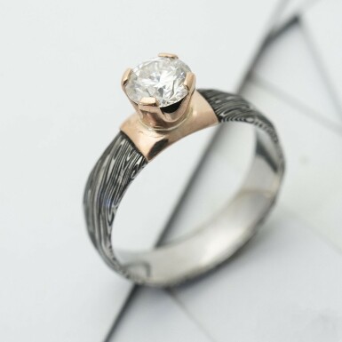 Prima Madame and moissanite in red gold - water pattern - damascus engagement ring
