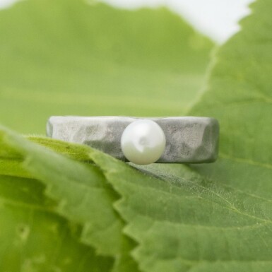 Natura and pearl - matte - stainless steel hammered engagement or wedding ring